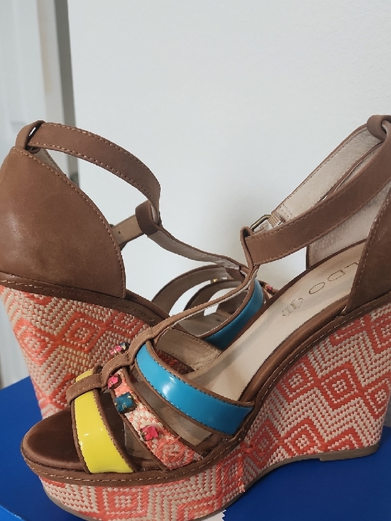 Aldo Shoes - Aldo Tan Wedge Sandals with Yellow & Blue Straps
